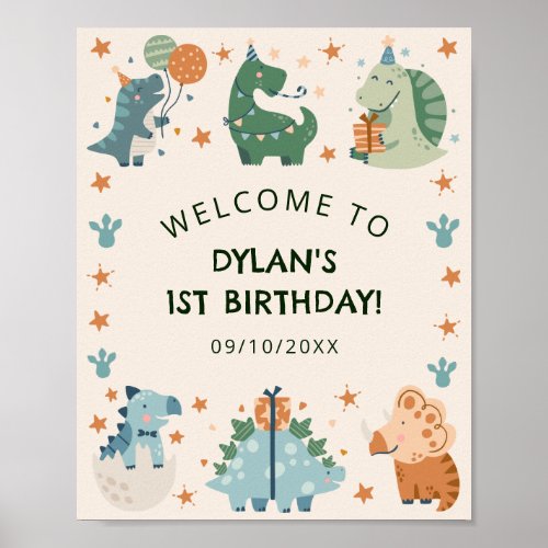 Cute Watercolor Dinosaur Birthday Party Welcome  Poster