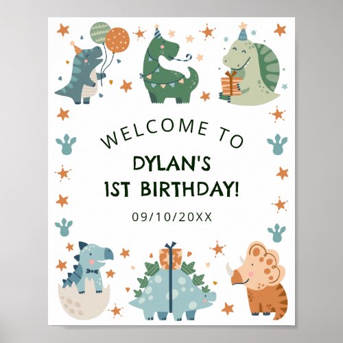 Cute Watercolor Dinosaur Birthday Party Welcome  Poster