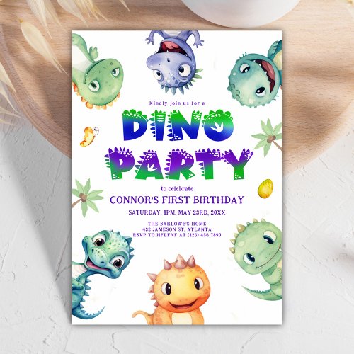 Cute Watercolor Dinosaur First Birthday Party Invitation