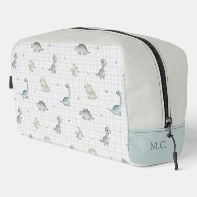 Cute Watercolor Dinosaur Gingham Pattern Dopp Kit (Right Corner)