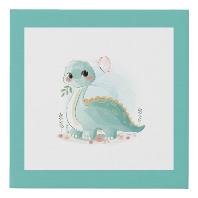 Cute Watercolor Dinosaur Green Faux Canvas Print (Front)