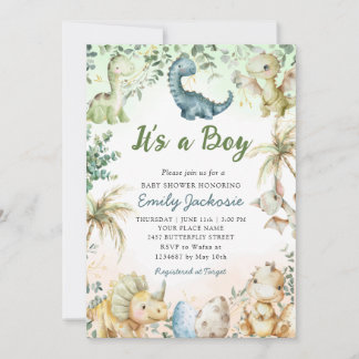  Cute Watercolor Dinosaur Greenery Boy Baby Shower Invitation