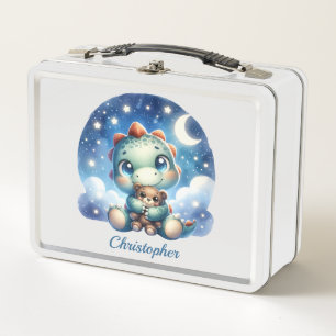 Cute watercolor dinosaur in starry night with bear metal lunch box