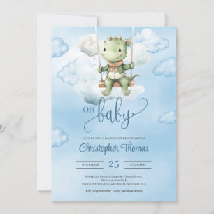 Cute watercolor dinosaur on swing in the blue sky invitation