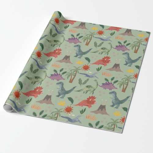 Cute Watercolor Dinosaur Pattern Wrapping Paper