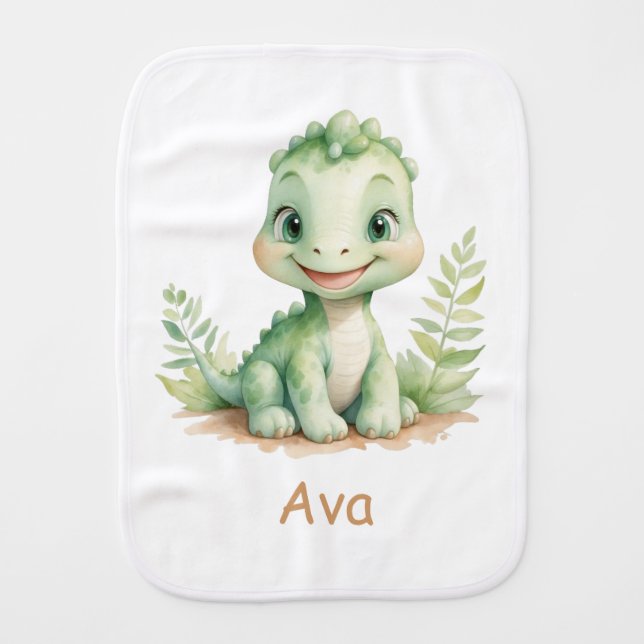 Cute Watercolor Dinosaur Personalized Baby Burp Cloth (Front)