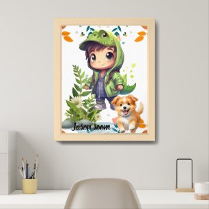 cute watercolor dinosaur, puppy framed art