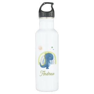Cute Watercolor Dinosaur & Rainbow Kid's Boy Name Stainless Steel Water Bottle