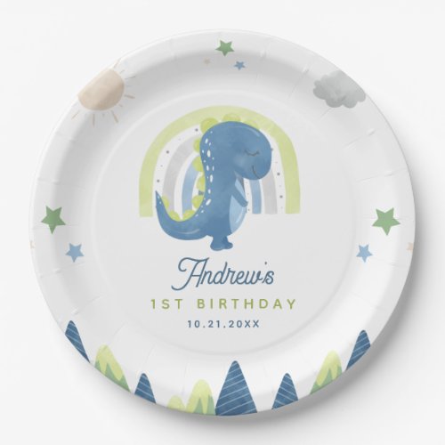 Cute Watercolor Dinosaur T_Rex 1st Birthday Party  Paper Plates