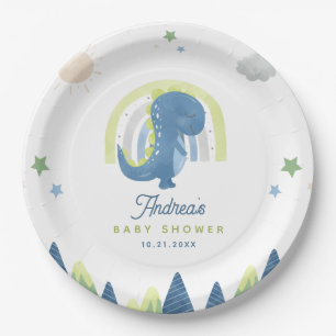 Cute Watercolor Dinosaur T Rex Baby Shower Party Paper Plates