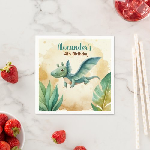 Cute Watercolor Dinosaur Theme Birthday Party Napkins