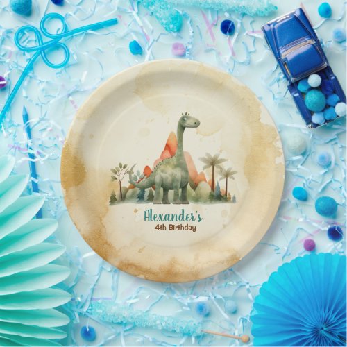 Cute Watercolor Dinosaur Theme Birthday Party Paper Plates