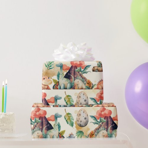 Cute Watercolor Dinosaur Theme Birthday Party Wrapping Paper