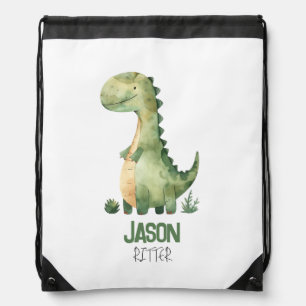 Cute Watercolor Dinosaur With Kids Name Drawstring Bag