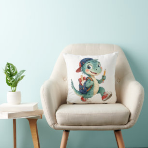 Cute watercolor Dinosaur with school supplies Throw Pillow