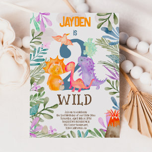 Cute watercolor dinosaurs greenery 2 wild birthday invitation