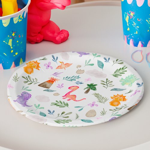 Cute watercolor dinosaurs greenery baby shower paper plates