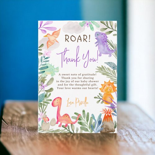 Cute watercolor dinosaurs greenery baby shower thank you card