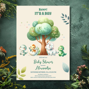 Cute watercolor dinosaurs greenery boy baby shower invitation