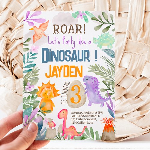 Cute watercolor dinosaurs greenery kids birthday  invitation