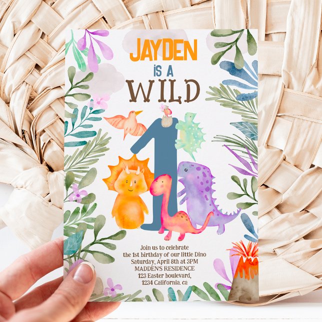 Cute watercolor dinosaurs greenery wild one 1st invitation (Creator Uploaded)