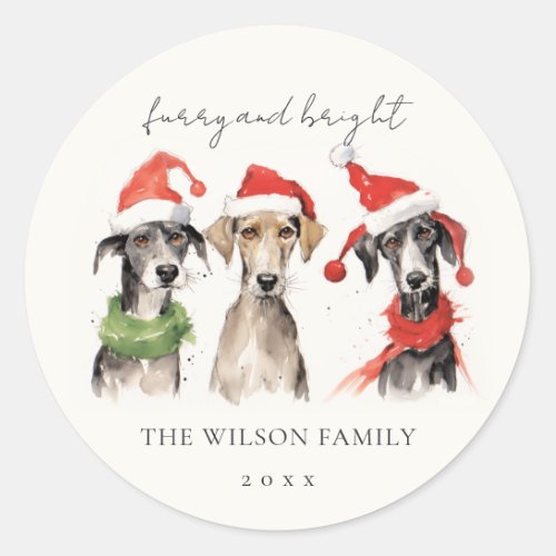 Cute Watercolor Dog Furry and Bright Christmas Classic Round Sticker