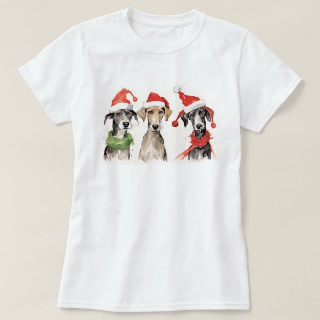 Cute Watercolor Dog Furry and Bright Christmas T-Shirt (Design Front)