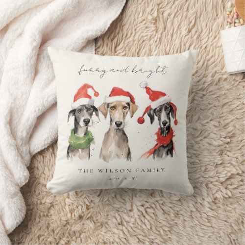 Cute Watercolor Dog Furry and Bright Christmas Throw Pillow