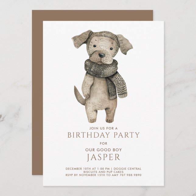 Cute Watercolor Dog' Pet Birthday Party Invitation (Front/Back)
