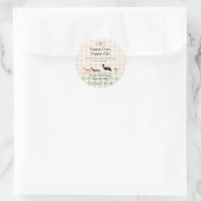 Cute Watercolor Dog Walker Pet Sitting Gingham Classic Round Sticker