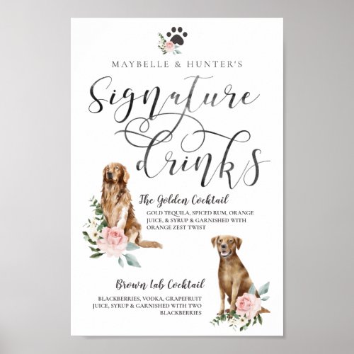 Cute Watercolor Dogs Couples Signature Drinks Poster