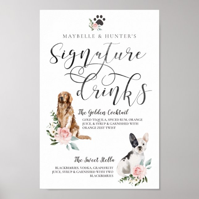 Cute Watercolor Dogs Couple's Signature Drinks Poster (Front)