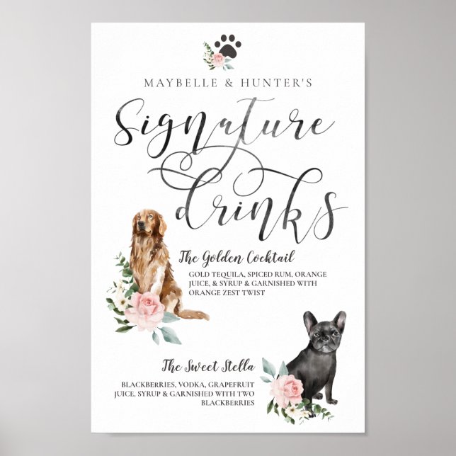 Cute Watercolor Dogs Couple's Signature Drinks Poster (Front)