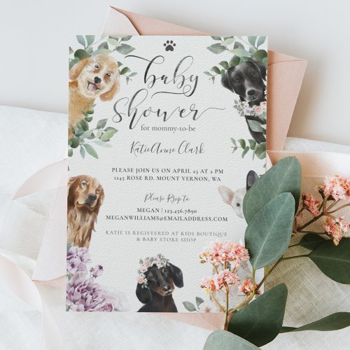 Cute Watercolor Dogs Floral Garden Baby Shower Invitation