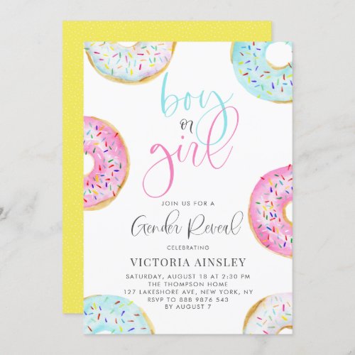 Cute Watercolor Donuts Gender Reveal Baby Shower Invitation