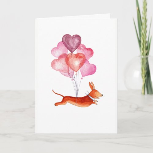 Cute watercolor doxie with heart balloons holiday card
