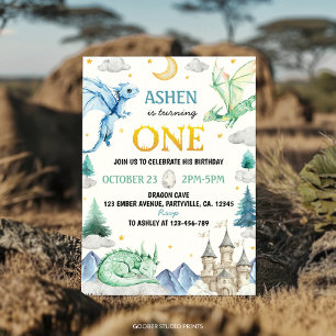 Cute Watercolor Dragon 1st Birthday Invitation