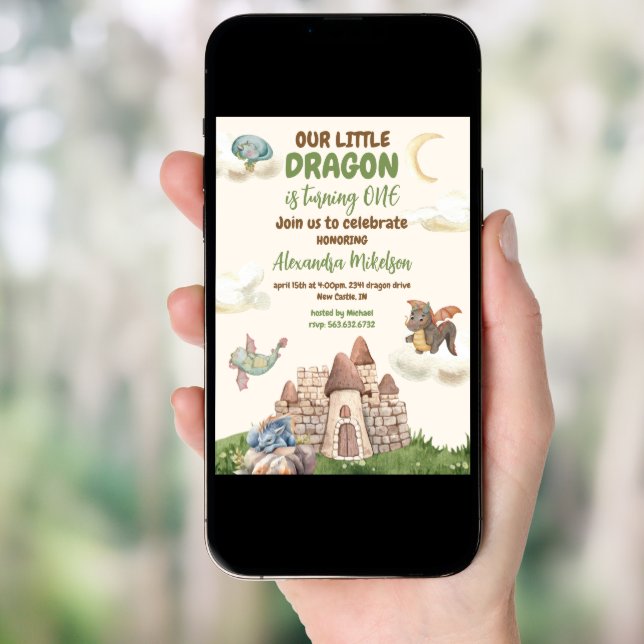 Cute Watercolor Dragon Baby 1st Birthday Invitation (Front Digital)