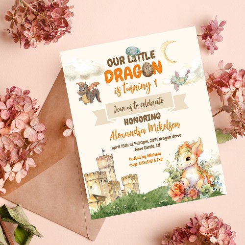 Cute Watercolor Dragon Baby 1st Birthday Invitation