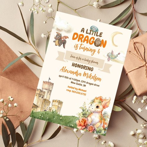 Cute Watercolor Dragon Birthday Invitation