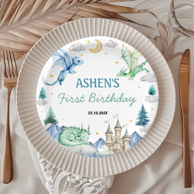Cute Watercolor Dragon Birthday Paper Plates (Creator Uploaded)