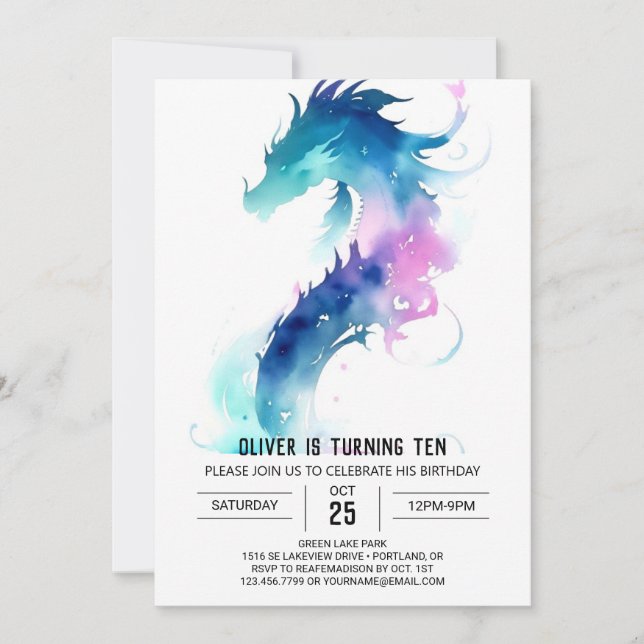 Cute Watercolor Dragon Fantasy Birthday Invitation (Front)