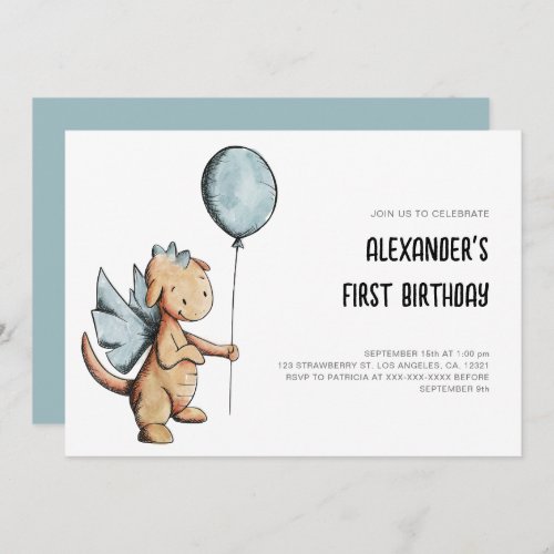 Cute Watercolor Dragon First Birthday Invitation