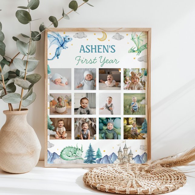 Cute Watercolor Dragon First Year Photo Milestone Poster (Creator Uploaded)