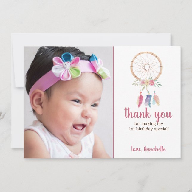Cute Watercolor Dreamcatcher Birthday Thank You Card (Front)