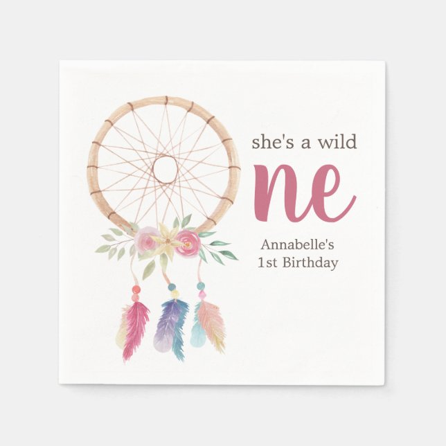Cute Watercolor Dreamcatcher Wild One 1st Birthday Napkins (Front)