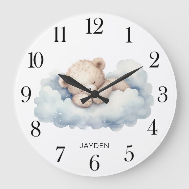 Cute Watercolor Dreaming Teddy Bear Personalized Large Clock (Front)