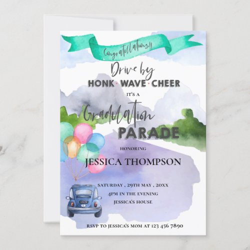 Cute Watercolor Drive By Class Of 2021 Graduation Invitation
