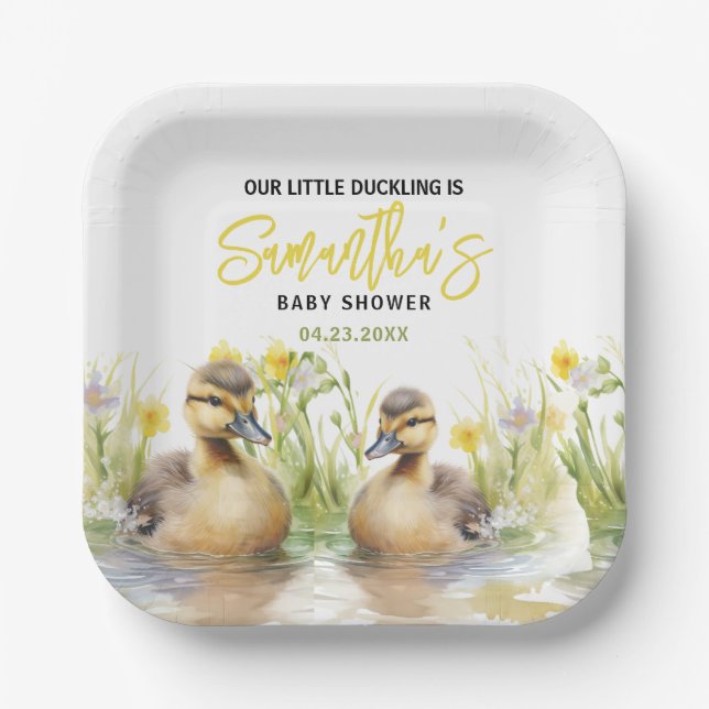 Cute Watercolor Duck Baby Boy Shower Paper Plates (Front)