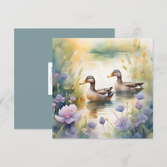 Cute Watercolor Duck N Wildflowers Blank  Holiday Card (Front/Back)
